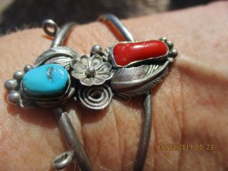 Vintage Navajo Cuff Bracelet W/turquoise & Coral Squash Blossom & Feather