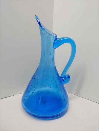 Vintage Blenko Blue Hand Blown Art Glass Pitcher Vase W/ Bubbles Applied Handle