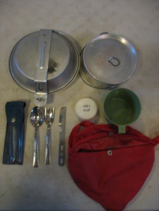 Vintage Boy Scout Camping Aluminum Cooking Pot Set With Red Bag And Utensil Kit