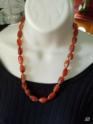 Vtg Red Agate Gemstone Single Strand Bead Necklace 21 " Brass Chinese?