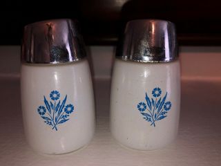 Vintage Cornflower Salt Pepper Shakers Corning Sloped Lid Silvertone 3