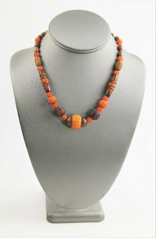 18 " Vintage Jewelry Galalith French Bakelite Orange & Brown Carved Bead Necklace