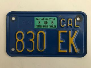 Vintage 1986 California Cotton Trailer Farm License Plate - Blue Plate 830 Ek