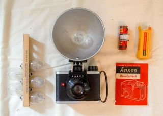 Vintage Ansco Ready Flash Camera W/ Flash Attachment,  Bulbs,  Film,  And Case