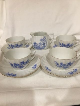 Vintage Czechoslovakia 4 Cups,  Saucers,  1 Creamer White Blue Ridged
