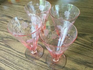 Vintage Set Of 4 Depression Glass Etched Pink Parfait Glasses