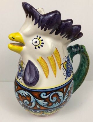 Vtg Deruta Ceramic Chicken Rooster Pitcher Italy Signed Dip A Mano Hand Painted