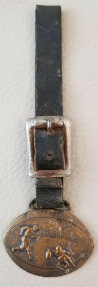 Vintage Metal Football Or Rugby Player Watch Fob With Leather Strap Circa 1930