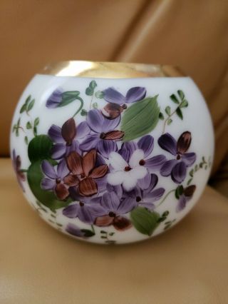Vintage Milk White Glass Rose Bowl Vase Hand Painted Purple Flowers Gold Trim