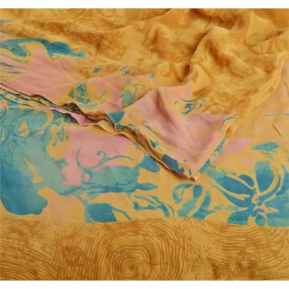 Sanskriti Vintage Saffron Saree Pure Georgette Silk Printed Sari Craft Fabric