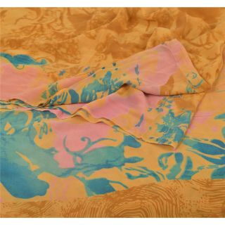 Sanskriti Vintage Saffron Saree Pure Georgette Silk Printed Sari Craft Fabric 2