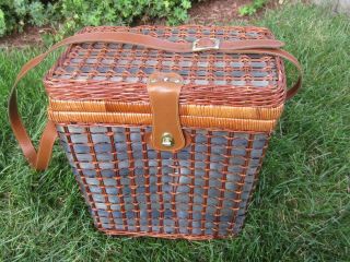 Vintage Wicker Picnic Basket Leather Strap Plaid Fabric Lining Made For 2