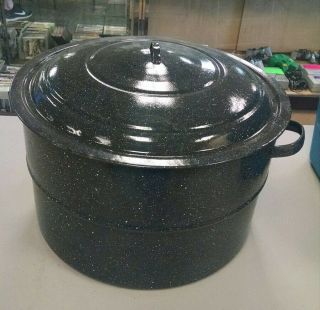 Vintage Large Black White Speckled Enamel Canning/tamale Pot L1