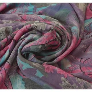 Sanskriti Vintage Grey Saree Pure Georgette Silk Printed Sari Decor Craft Fabric 4