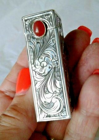 Vtg 800 Silver Italy Lipstick Holder Case W/popup Mirror - Carnelian Colored Stone