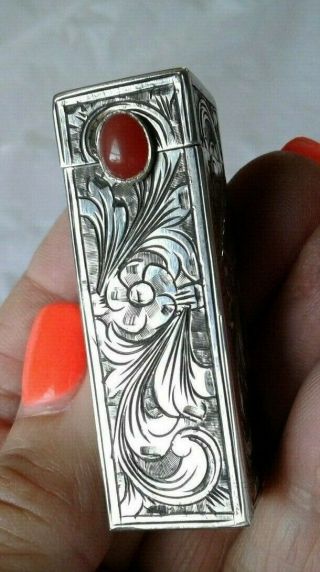 VTG 800 Silver Italy Lipstick Holder Case w/Popup Mirror - Carnelian Colored Stone 2