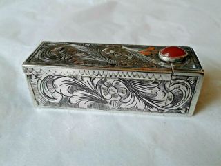 VTG 800 Silver Italy Lipstick Holder Case w/Popup Mirror - Carnelian Colored Stone 3