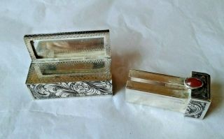 VTG 800 Silver Italy Lipstick Holder Case w/Popup Mirror - Carnelian Colored Stone 5