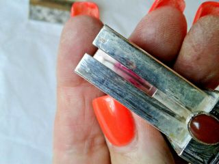 VTG 800 Silver Italy Lipstick Holder Case w/Popup Mirror - Carnelian Colored Stone 7
