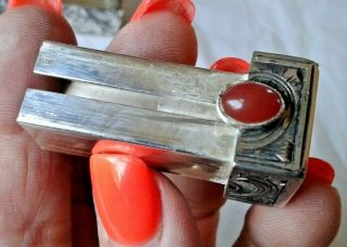 VTG 800 Silver Italy Lipstick Holder Case w/Popup Mirror - Carnelian Colored Stone 8