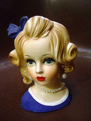 Vintage Napcoware Lady Head Vase C8499 Blond Lady W/ Blue Dress & Bow,  Jewelry