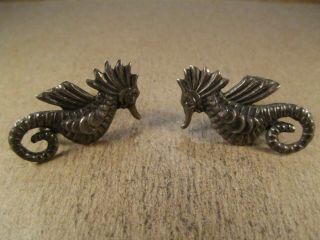 Vtg Sterling Silver Seahorse Screwback Earrings,  Mexico Signed Je,  5.  7g