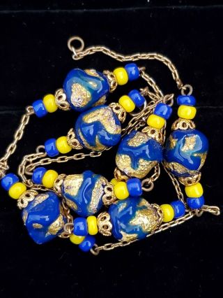 Vintage Estate Jewelry Blue & Gold Venetian Foil Glass Necklace