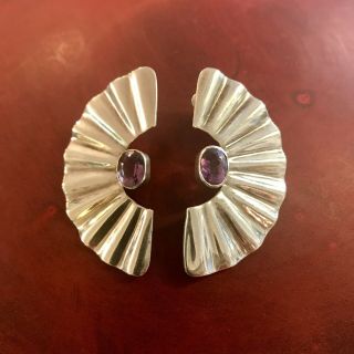 Vintage Mexican Sterling Silver 950 Modernist Earrings With Amethyst