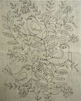 Delightful Vintage Bird Floral Linen Retro Fabric Stamped For Crewel Embroidery