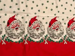 Vintage Mid Century Old Santa Claus Winking Christmas Holiday Table Cloth 53x67