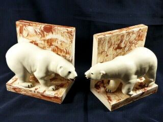 Vtg Set Of 2 Mid Century Ceramic White Polar Bear Figurines Bookends