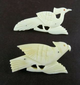 Vintage Pair Carved Bovine Bone Bird Brooch Pin