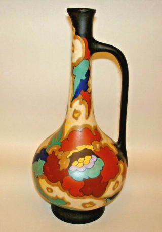 Vintage Regina Gouda Holland Black & Burnt Orange Floral Design Pottery Vase