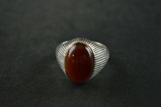 Vintage Sterling Silver Etched Brown Stone Dome Ring - 9g