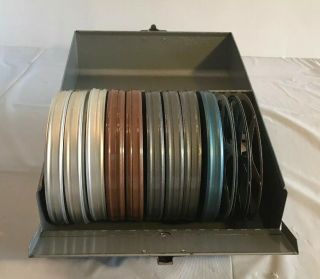 Vintage Metal 8mm Movie Film Storage Box W/ 11 Metal Reel Cans / Containers 2