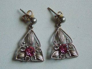 Gorgeous Vintage 60 ' s Hallmarked Sterling Silver & Pink Quartz Earrings Pierced 5