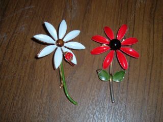 2 Vintage Enamel Brooches: By Robert Ladybug Flower & Red Flower