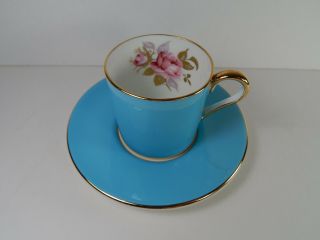 Vintage Aynsley Blue Demitasse Pink Rose Gold Leaf.  Tea Cup And Saucer