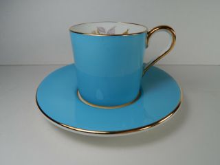 Vintage Aynsley Blue Demitasse Pink Rose Gold Leaf.  Tea Cup and Saucer 2