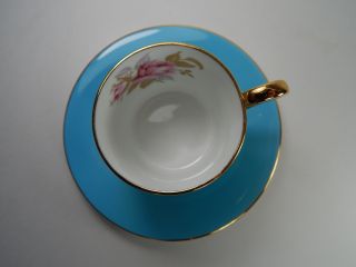 Vintage Aynsley Blue Demitasse Pink Rose Gold Leaf.  Tea Cup and Saucer 5