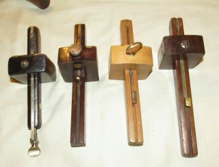 4 Old Wooden & Brass Mortice Gauges Old Woodworking Tools Vintage