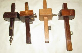 4 old wooden & brass mortice gauges old woodworking tools vintage 2