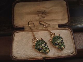 Butler & Wilson Vintage Leopard Heads Green & Blue Crystal Drop Earrings B&w