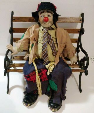 Vintage Dynasty 1976 Hobo Clown Emmett Kelly 22 " Porcelain/cloth 15 " Bench Doll