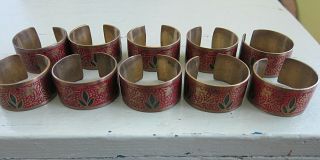 Vintage Brass Napkin Rings Floral Design With Red And Green Set Of 10