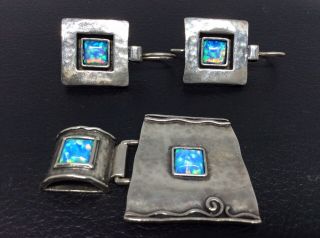 Shablool Didae Vtg.  Square Sterling Silver Blue Opal Pendant & Earrings Set