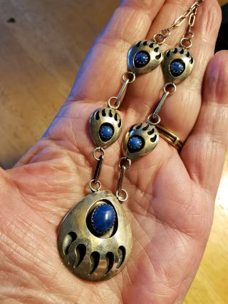 Vintage Navajo Sterling Silver Lapis Shadow Box Bear Claw Necklace Signed S.  J