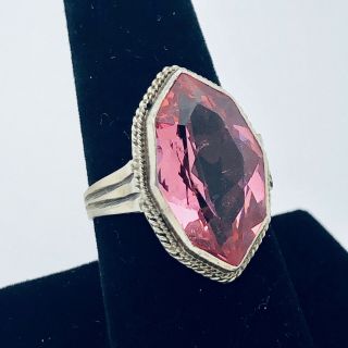 Vintage 925 Sterling Silver Ring With Large Magenta Pink Stone