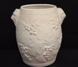 Vintage Stamped Usa Hartstone Pottery Unglazed Vase W/ Grapes & Faces 9 "