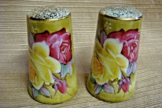 Vintage Porcelain Salt & Pepper Shakers W/hand Painted Yellow & Pink Roses